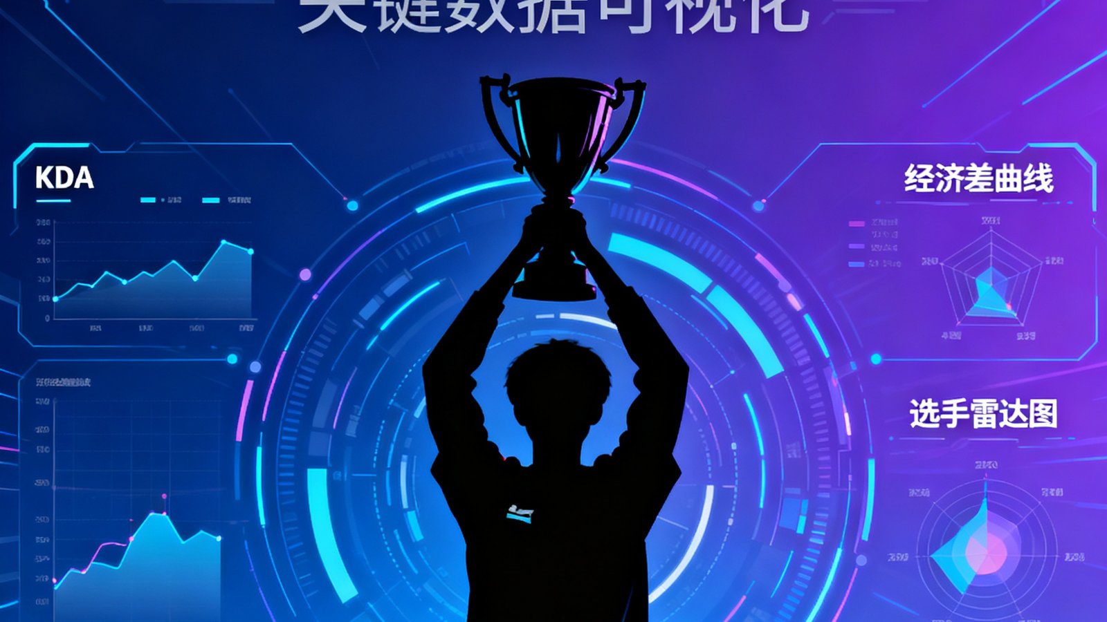 一幅展示T1战队S13夺冠数据分析的封面图，中心是Faker举起召唤师奖杯的剪影，周围环绕着关键数据指标如KDA、经济差曲线和选手雷达图。