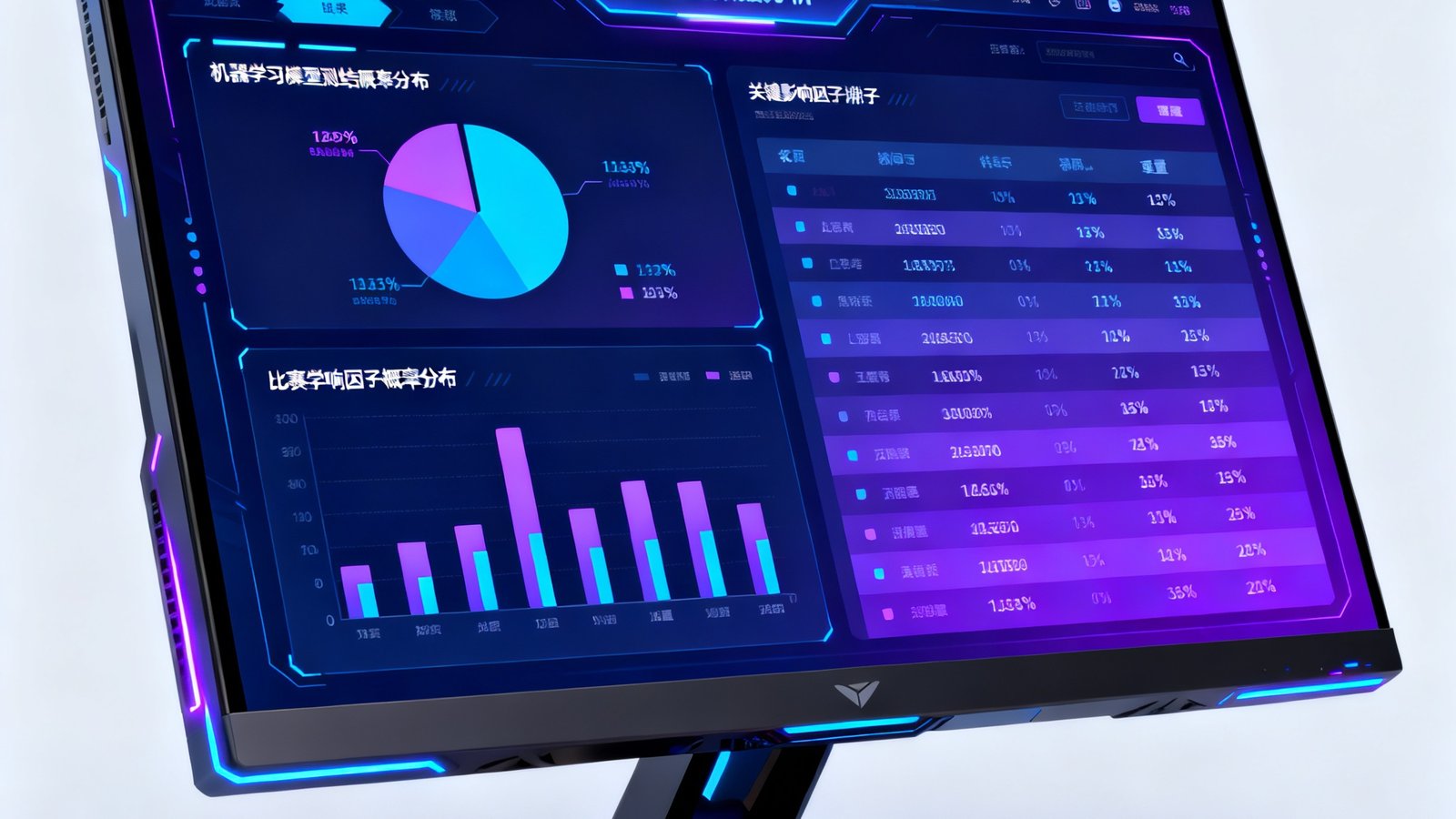 一台高性能计算机正在运行AI电竞数据分析软件的界面截图，屏幕中展示着机器学习模型对比赛结果的预测概率分布和关键影响因子的权重排序。