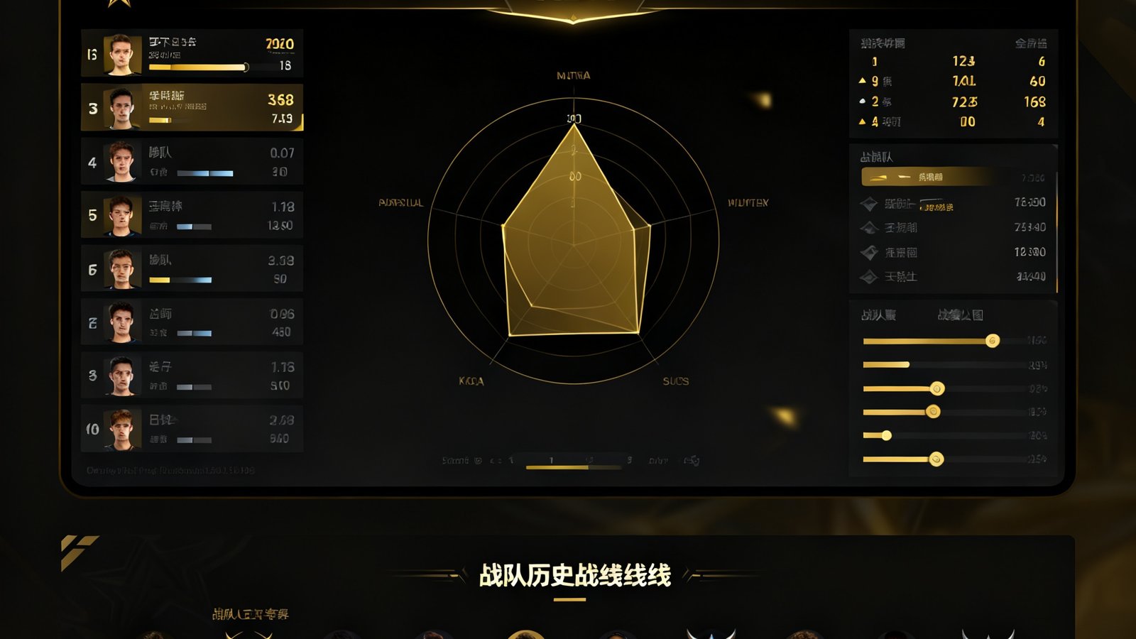 RAYBET雷竞技平台界面的预览截图，展示了一个设计精美的电竞数据仪表盘，包含实时比赛数据面板、选手KDA雷达图和战队历史战绩时间线，整体采用深色主题配金色点缀。