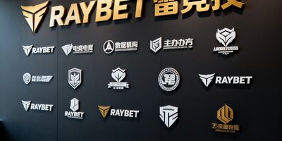 RAYBET雷竞技战略合作伙伴的品牌标志展示墙，包含多家电竞数据机构和赛事主办方的标识，排列在深色背景上，使用金色和白色调。